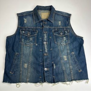 Escapism ESPM Salvaged Denim Trucker Vest Distressed Dark Wash Womens Size XL